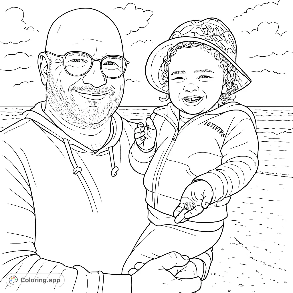 A heartwarming beach scene featuring a smiling father holding his joyful child, ready for a fun coloring adventure. Perfect for family themes.