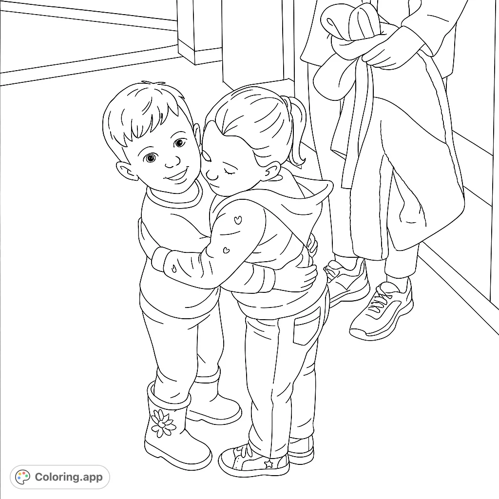 A heartwarming free printable friendship coloring page featuring two children sharing a tender hug, perfect for kids and adults.