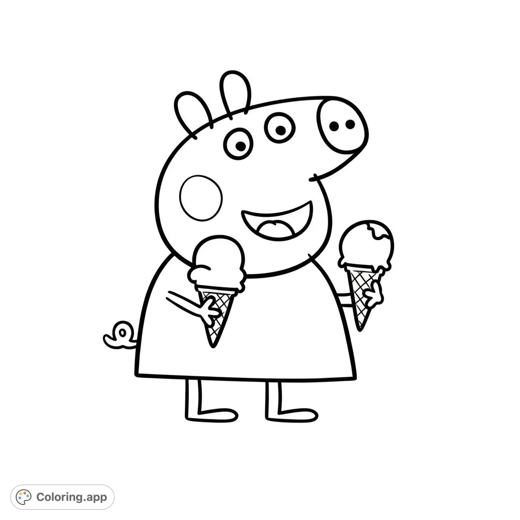 A delightful pig character holds two ice cream cones, ready for a sweet adventure. A fun, free printable coloring page for kids!