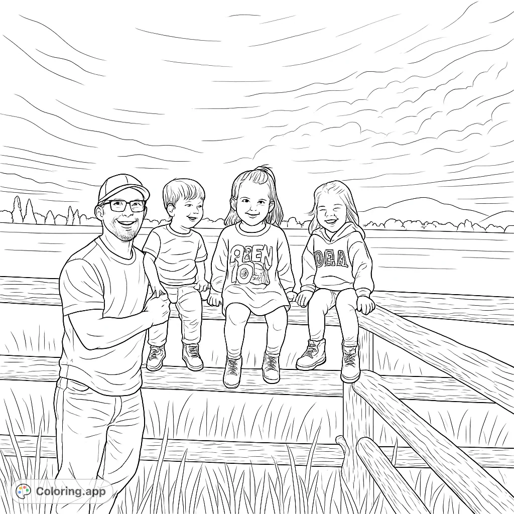 A heartwarming family portrait featuring a father and three joyful children by a rustic wooden fence, set against a scenic lake and distant mountains.