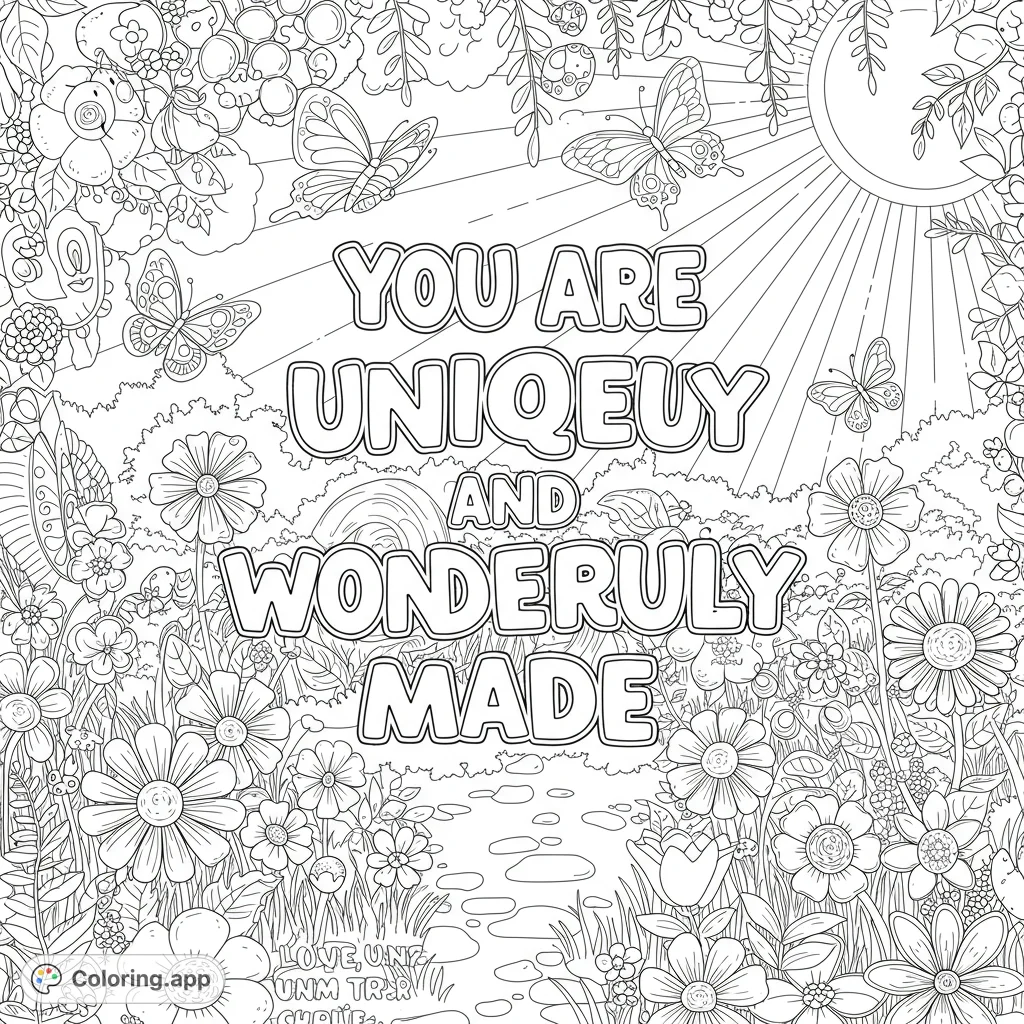 A beautiful garden coloring page featuring a motivational quote, intricate flowers, graceful butterflies, and a sunny path. Perfect for mindful coloring.