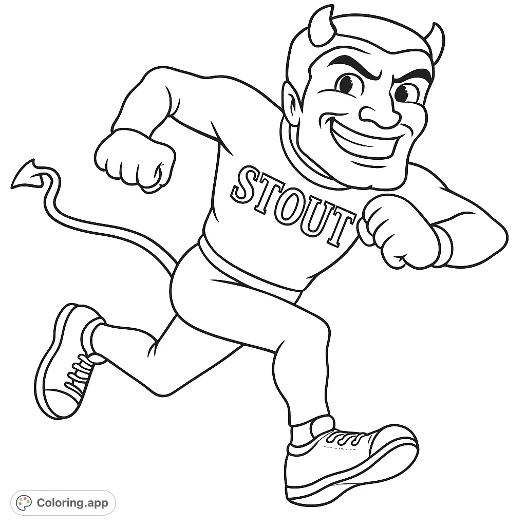 Dynamic running devil mascot coloring page, perfect for school spirit or fun. Free printable coloring page for kids and adults.
