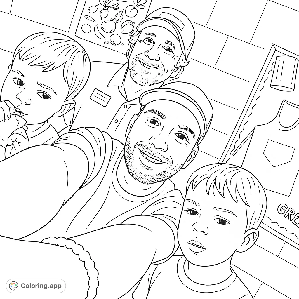 A fun day with family and friends. This coloring page features a group of people, including children, enjoying time together.