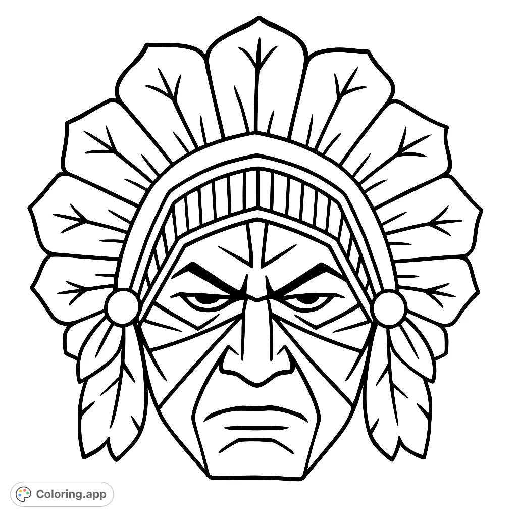 A powerful Native American chief's head with a majestic feathered headdress. A free printable tribal chief coloring page for all ages.