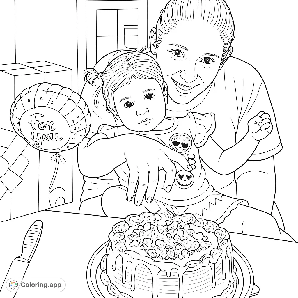 A heartwarming celebration scene featuring a mother holding her child, with a festive cake, balloon, and gifts, perfect for family coloring fun.