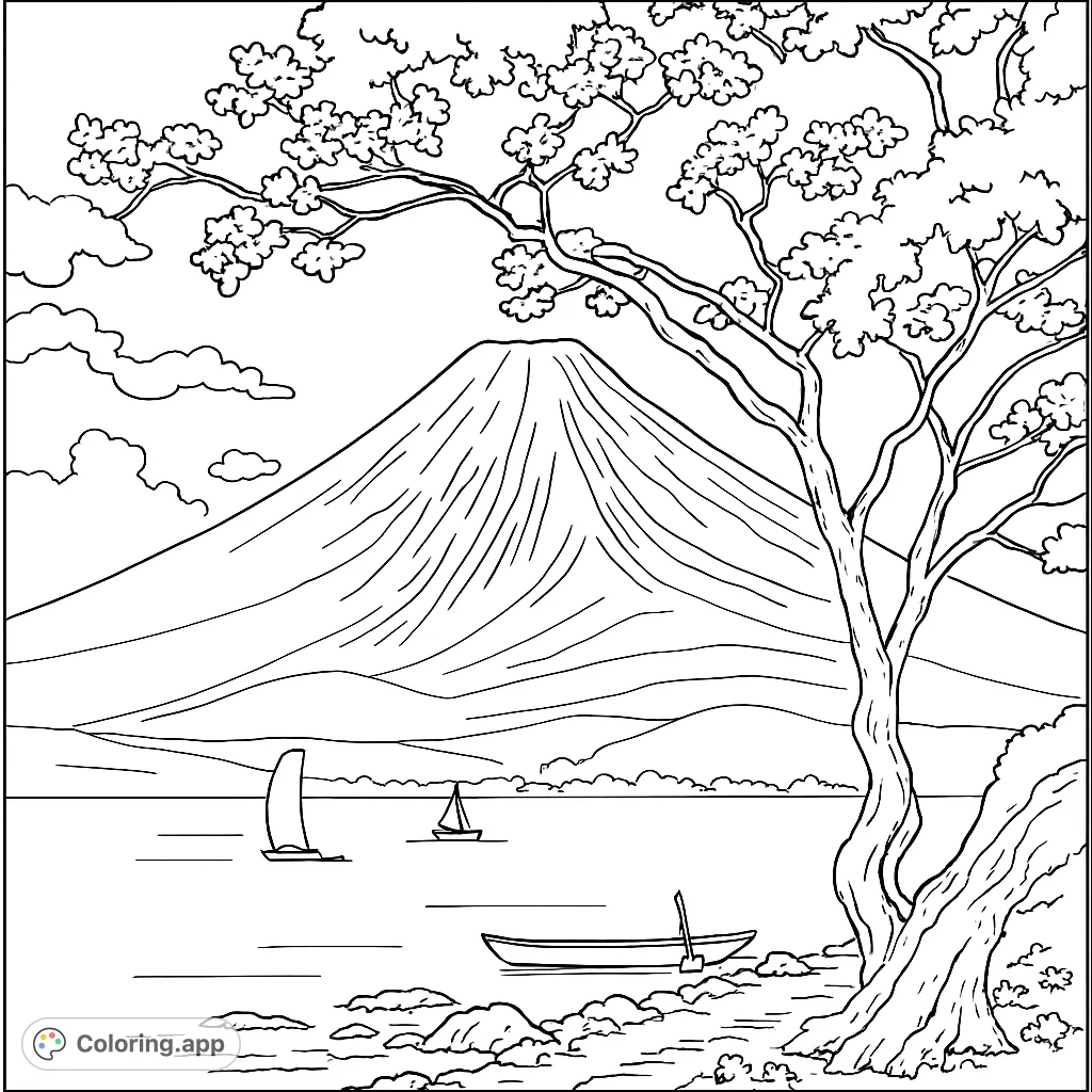 A serene Japanese landscape coloring page featuring majestic Mount Fuji, a beautiful cherry blossom tree, and boats on a calm lake. Free printable.