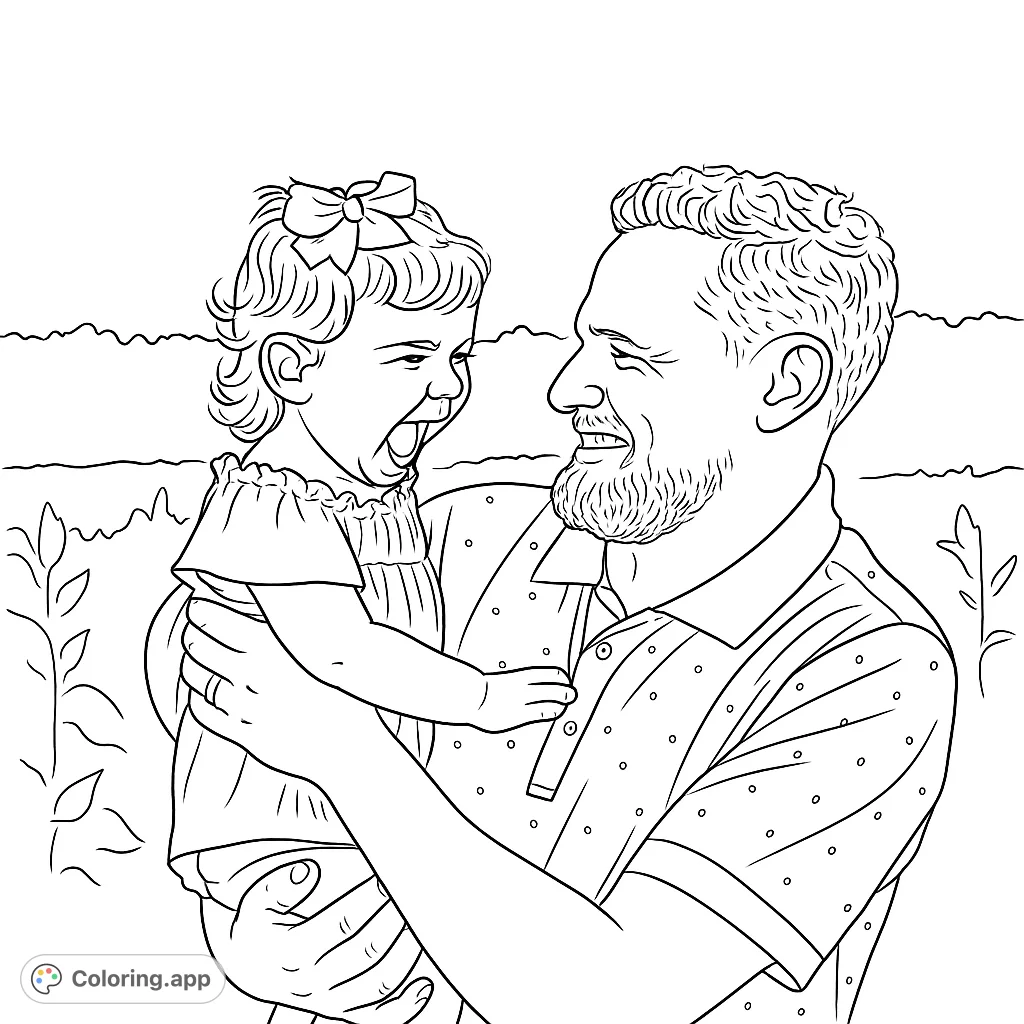 A heartwarming family bonding coloring page featuring a father holding his laughing daughter, perfect for celebrating love and joy.
