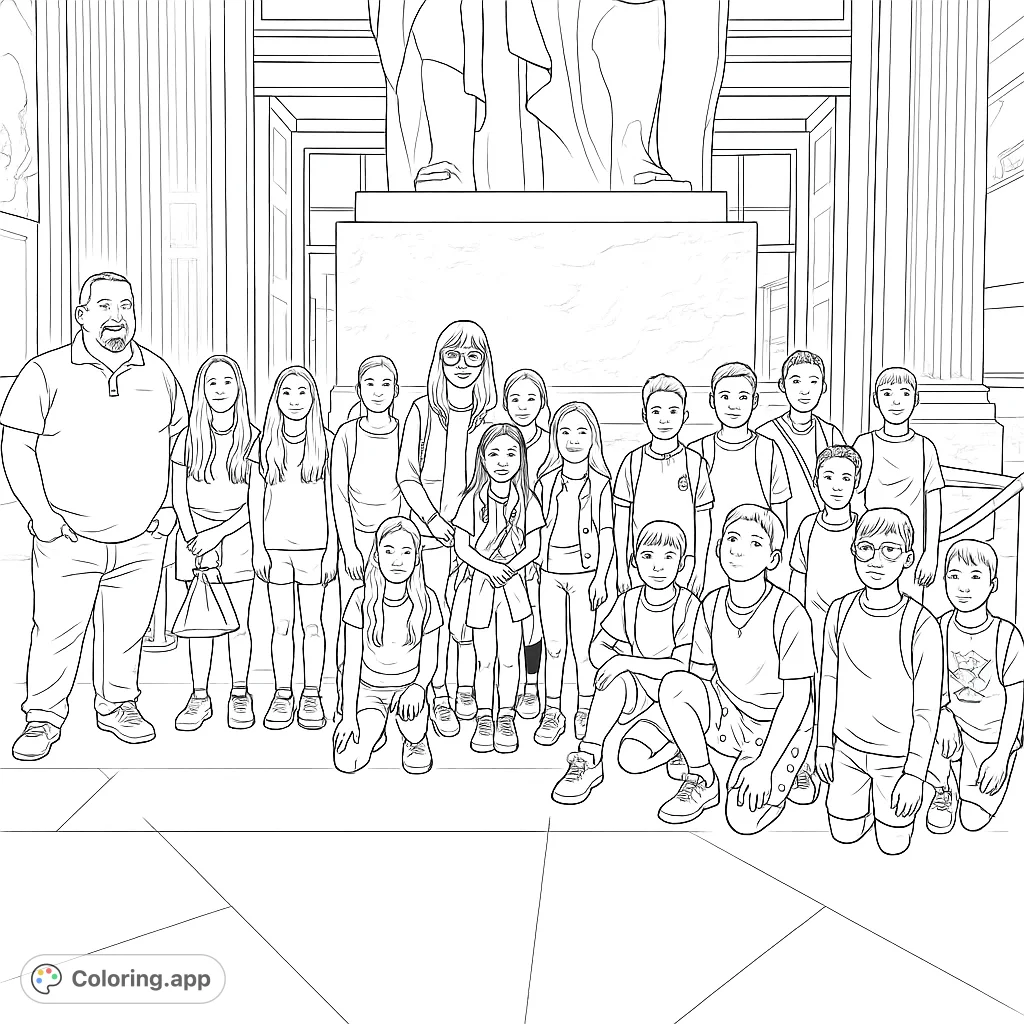 A group of students on a field trip to a museum. The students are standing in front of a statue.
