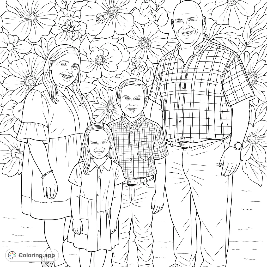 A happy family of four stands in front of a wall of flowers. This coloring page is perfect for kids and adults who love flowers and family.