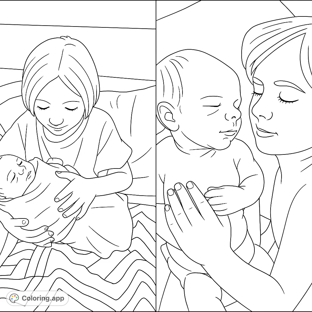 Heartwarming newborn family bonding coloring page. Two scenes of tender embraces, perfect for celebrating new life and love.