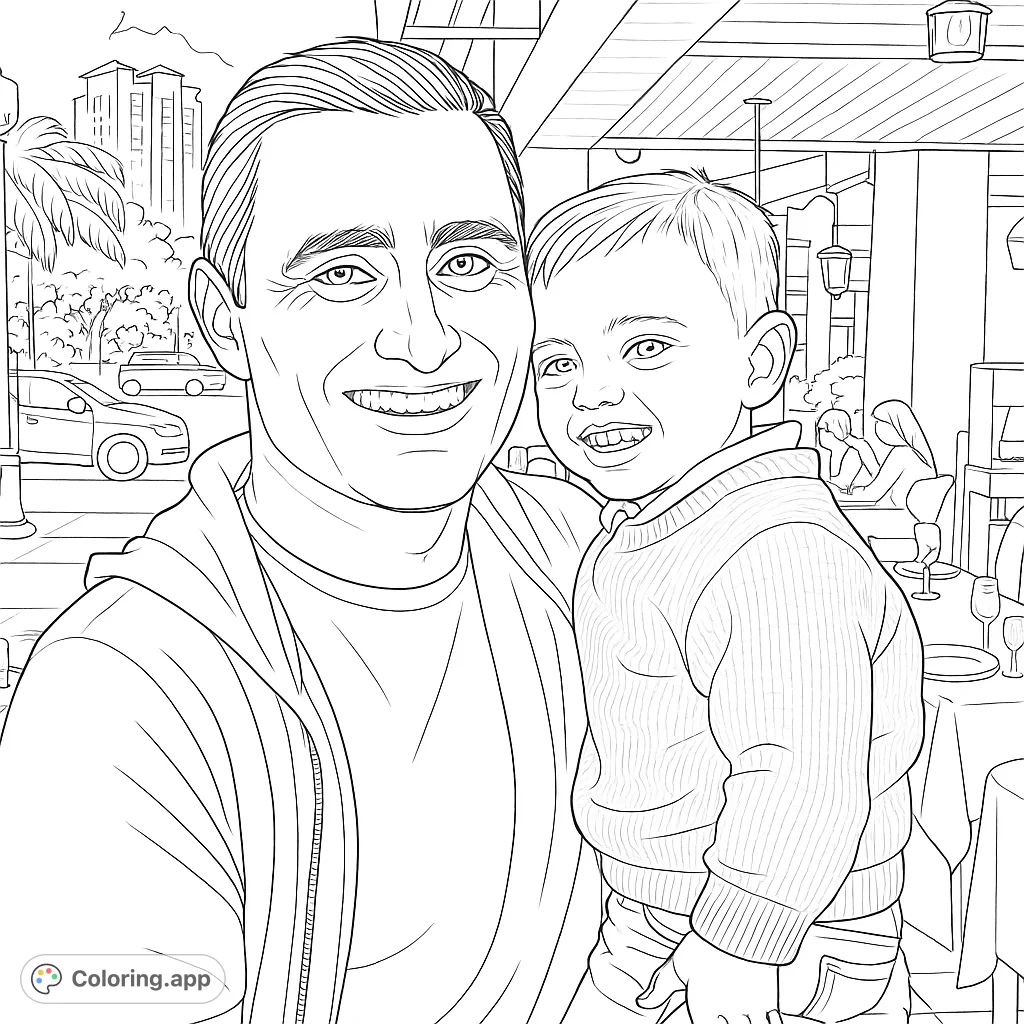 A heartwarming father and son coloring page, featuring a smiling dad holding his happy child in a vibrant city and restaurant setting. Free printable fun!