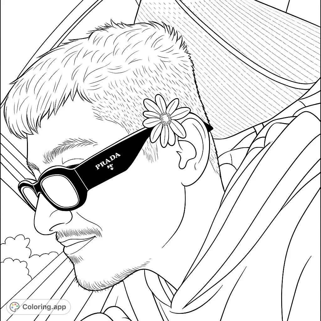 A cool profile portrait featuring a person wearing stylish sunglasses with a flower behind their ear, set against an abstract background. Perfect for adults.