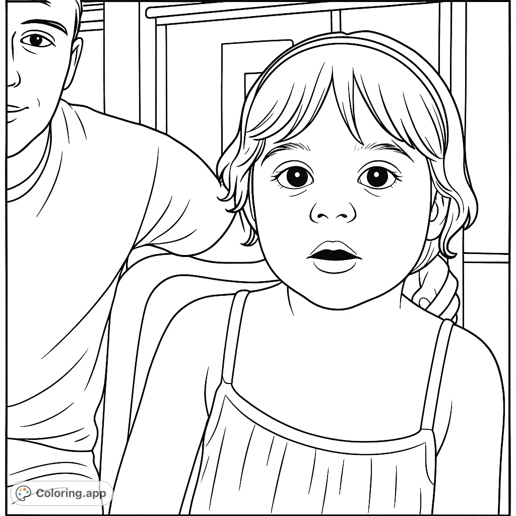 A heartwarming family bonding coloring page featuring a curious child and a supportive parent. Perfect free printable coloring page for kids and adults.