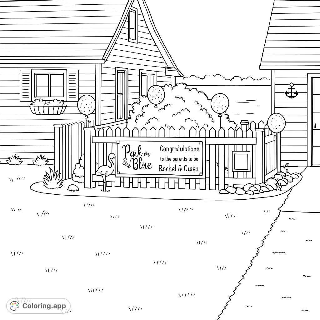 Celebrate with this gender reveal backyard scene! Features a picket fence, balloons, houses, and a sign, perfect for custom messages.