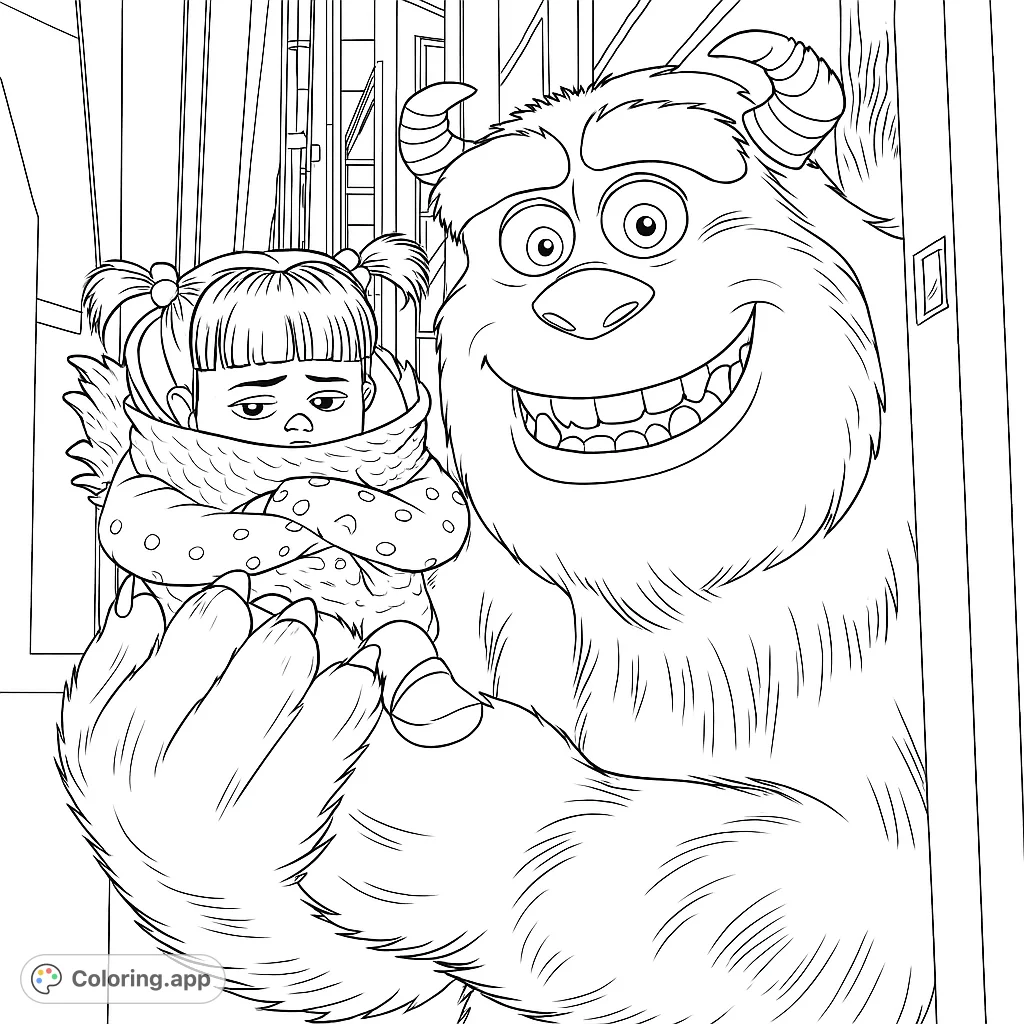 A heartwarming Monsters Inc. coloring page featuring Sulley gently holding Boo, perfect for fans of all ages.