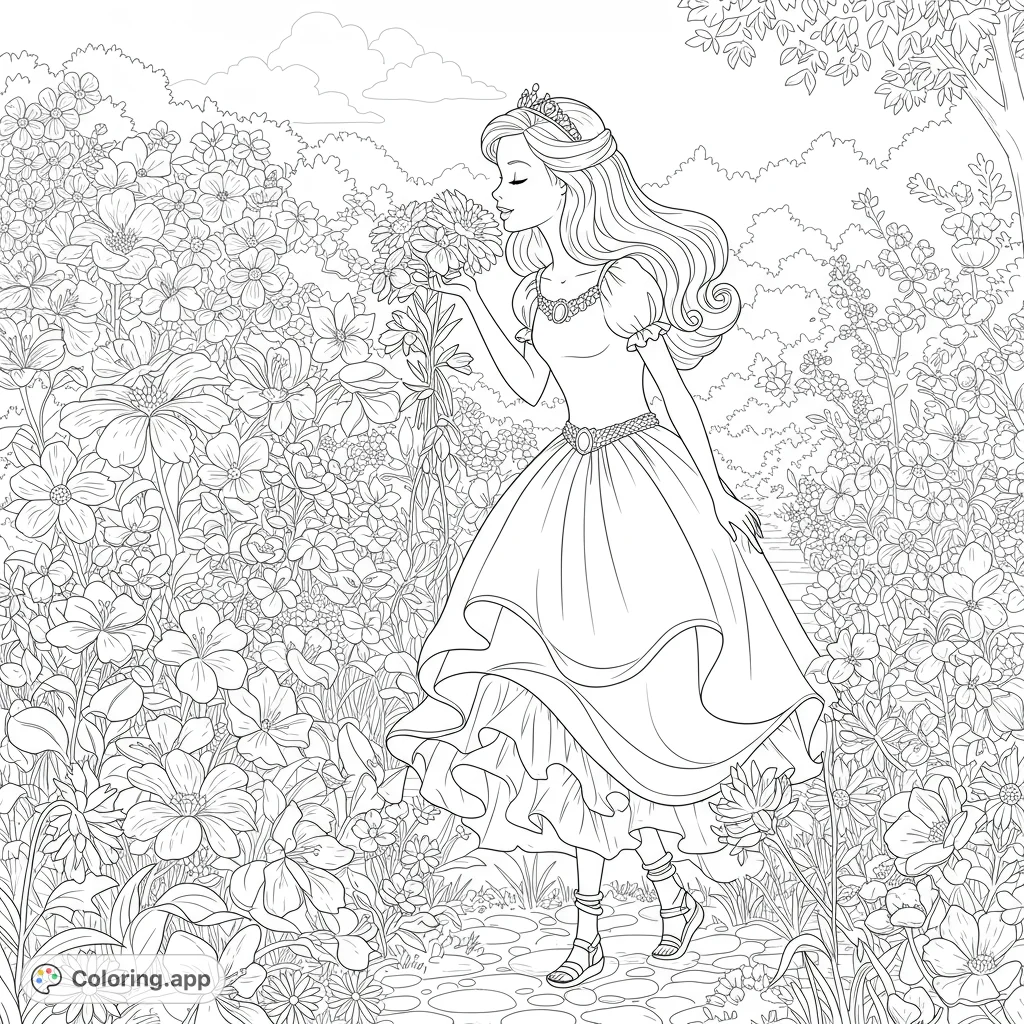 A beautiful princess in a flowing gown smells flowers in an enchanted garden. A delightful princess coloring page for kids and adults, free printable.