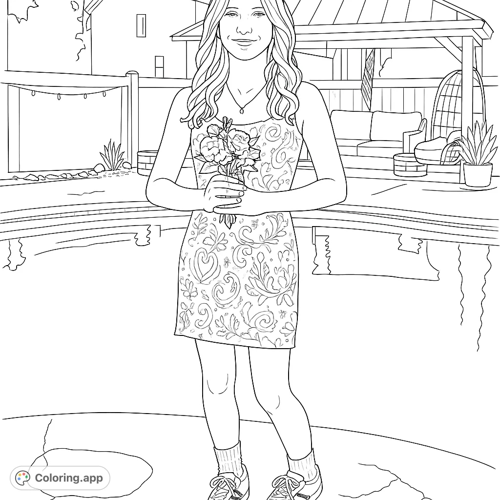 A charming young woman holds a bouquet of flowers by a pool, featuring a detailed patterned dress and a relaxing backyard scene. Perfect for all ages.