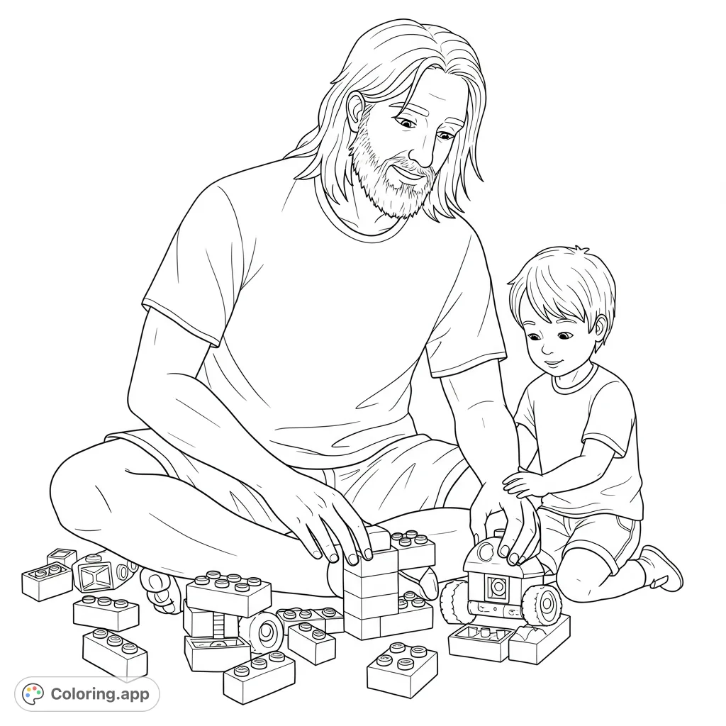 A heartwarming father and son building blocks coloring page, perfect for family fun. Free printable activity for kids and adults.