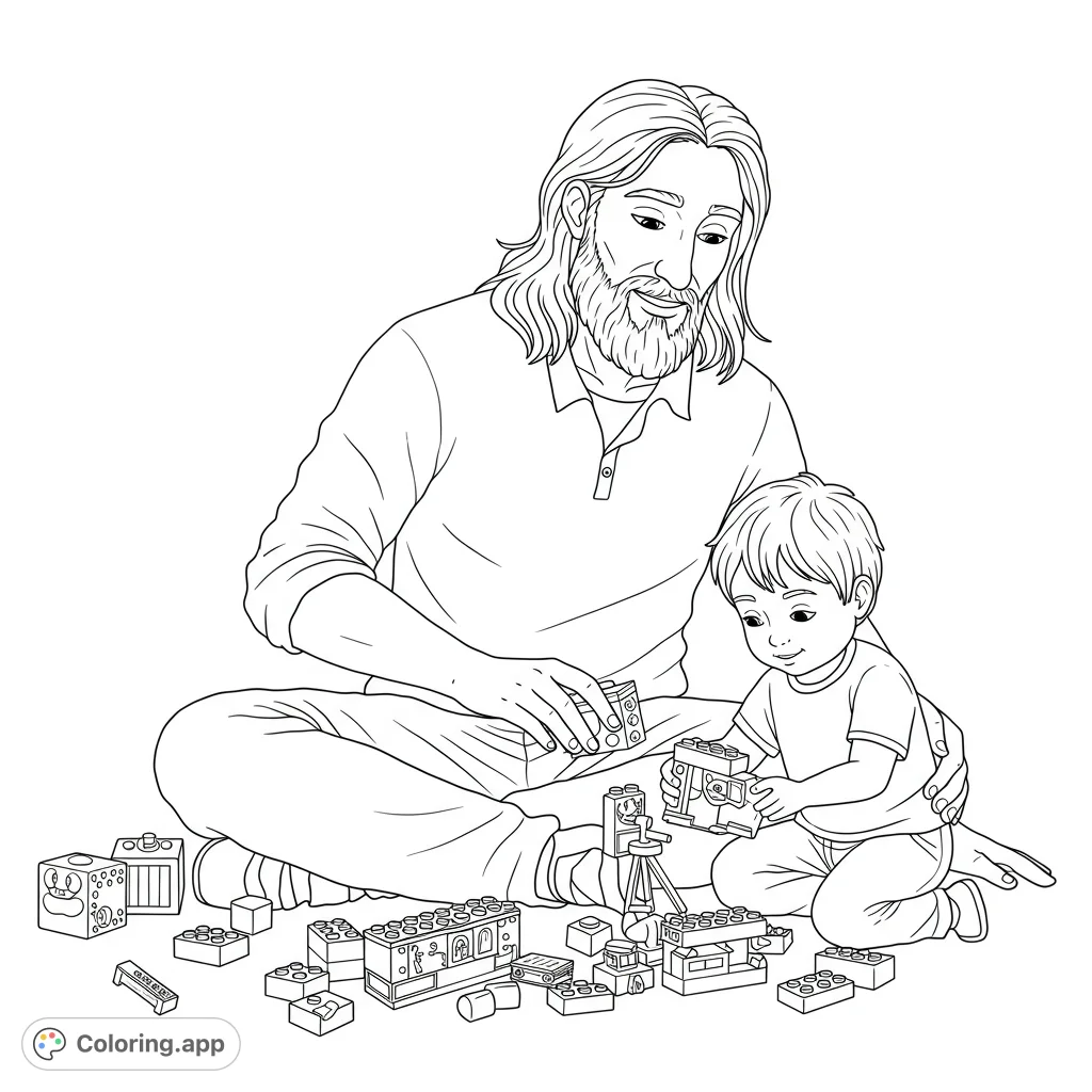 Jesus and a child joyfully playing with building blocks, a heartwarming scene of shared creativity. Free printable religious coloring page for all ages.