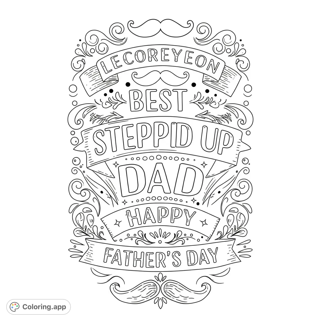 An intricate, decorative line art design featuring elegant scrollwork, blank banners, and stylish mustaches, perfect for a personalized Father's Day coloring page.