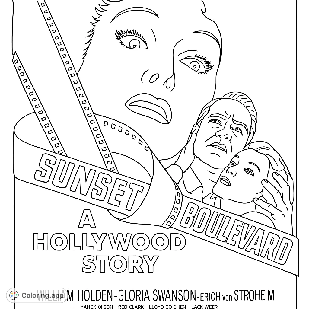 Dive into a dramatic Hollywood movie poster scene featuring expressive faces and a winding film strip. A free printable coloring page for all ages.
