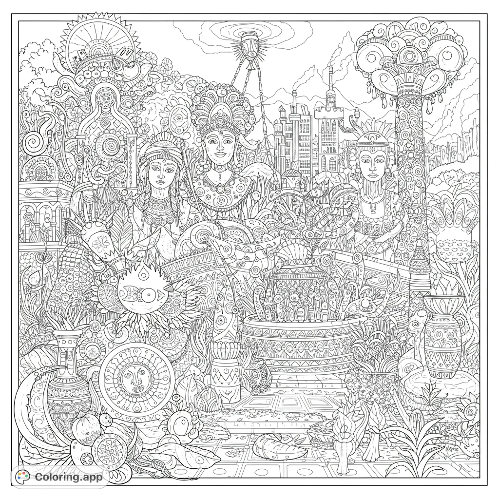 Intricate mythical figures amidst a fantastical landscape filled with ornate patterns, lush foliage, and ancient architecture. A detailed coloring challenge.