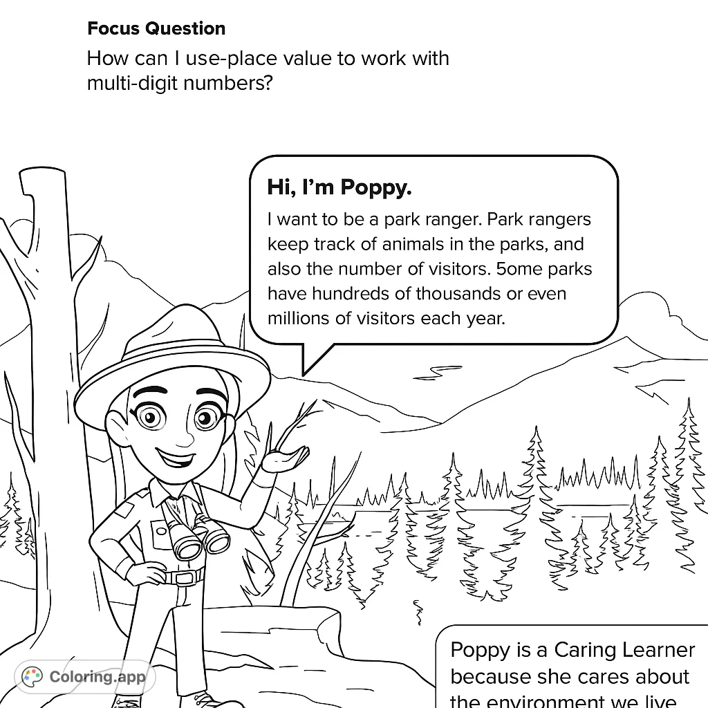 Explore nature with a friendly park ranger in a scenic mountain and forest landscape. A free printable outdoor adventure coloring page.