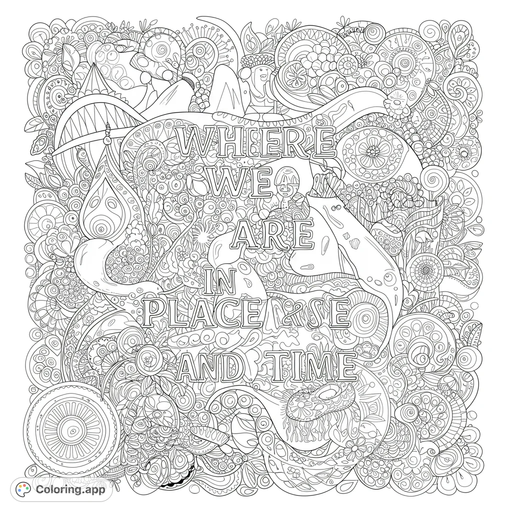 An intricate doodle art coloring page featuring the quote 'WHERE WE ARE IN PLACE & TIME' amidst a dense tapestry of abstract patterns.