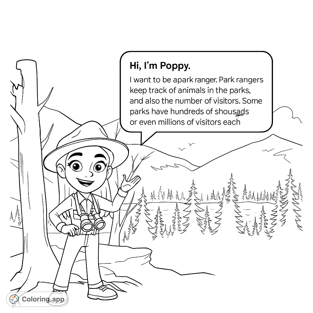 Explore nature with a young park ranger standing by a lake and mountains. A free printable nature coloring page for kids and adults, perfect for adventure lovers.