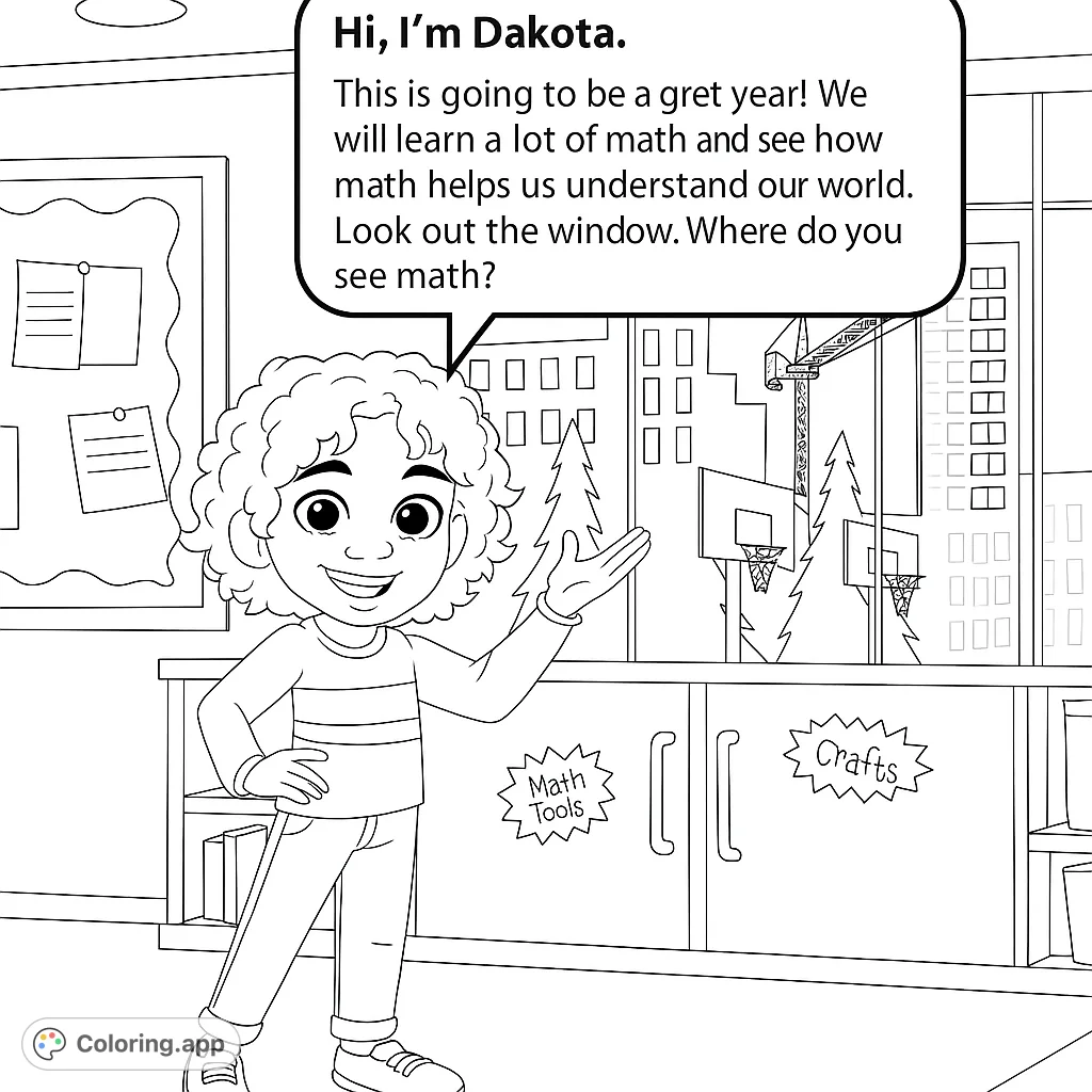 Cheerful student in a classroom, pointing to a city view with buildings and a crane. A fun, free printable classroom coloring page for kids.