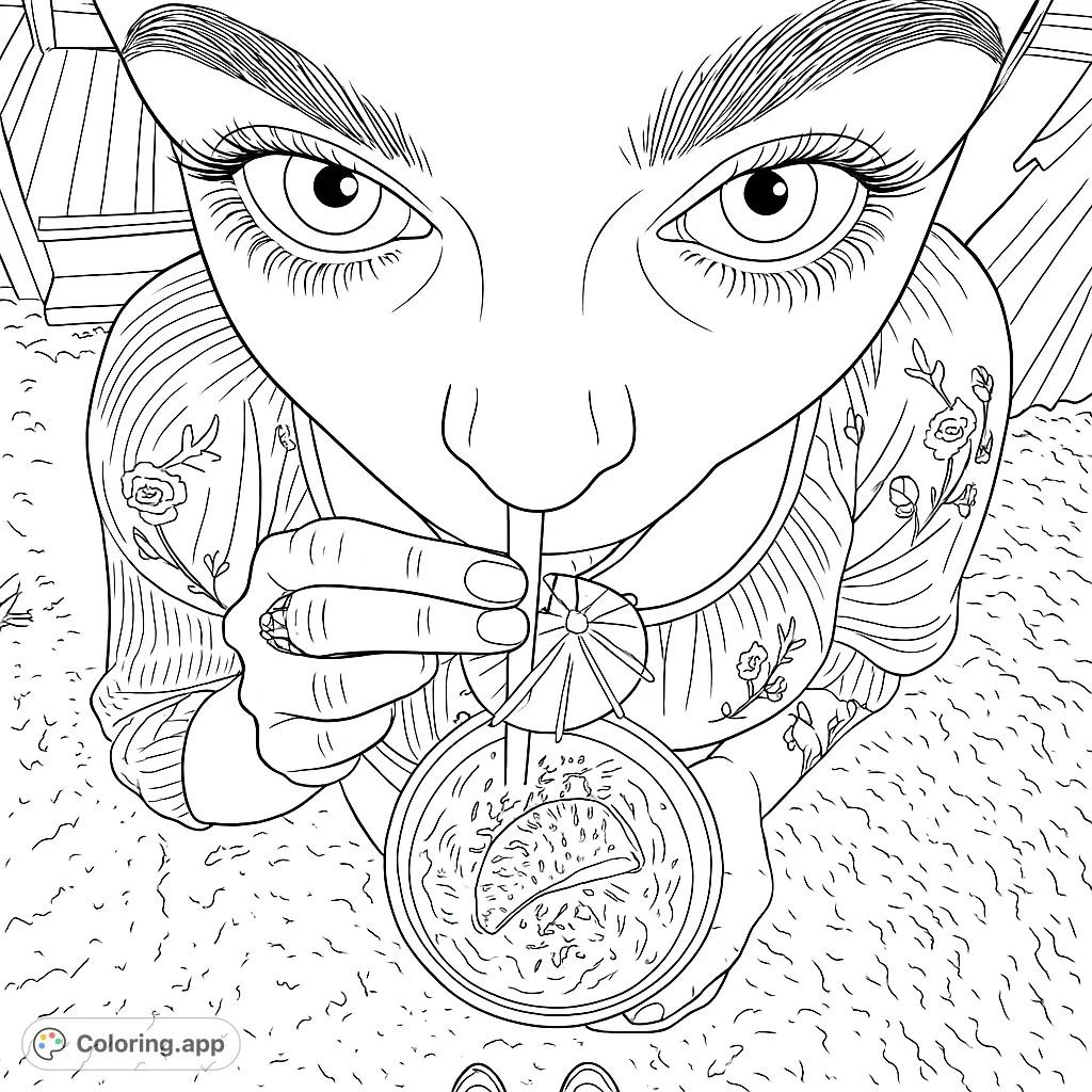 Capture a unique overhead perspective of someone enjoying a refreshing drink with a straw and umbrella. Perfect for a relaxing summer coloring page.