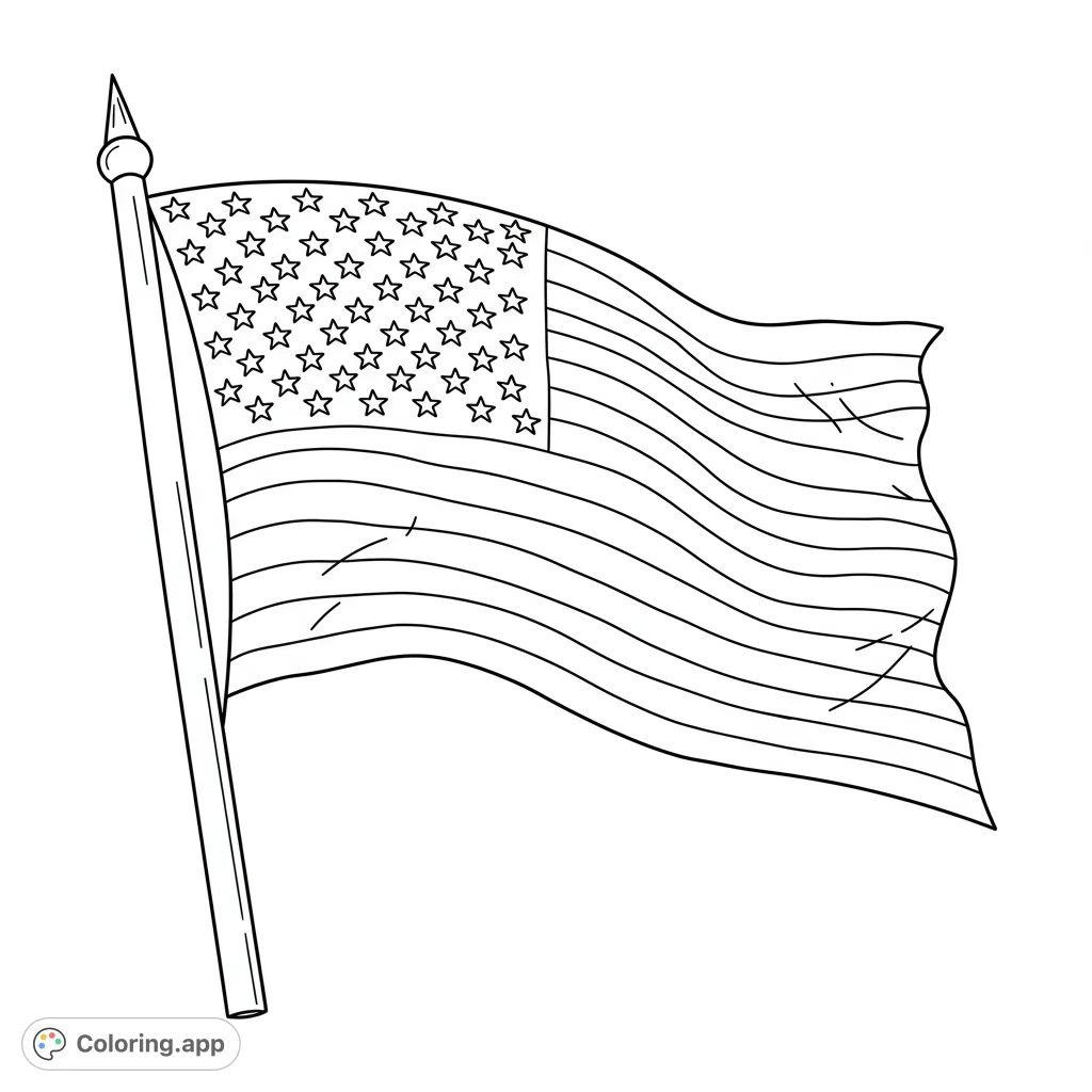 A patriotic American flag coloring page, featuring the Stars and Stripes waving proudly on a flagpole. Perfect for celebrating national pride.