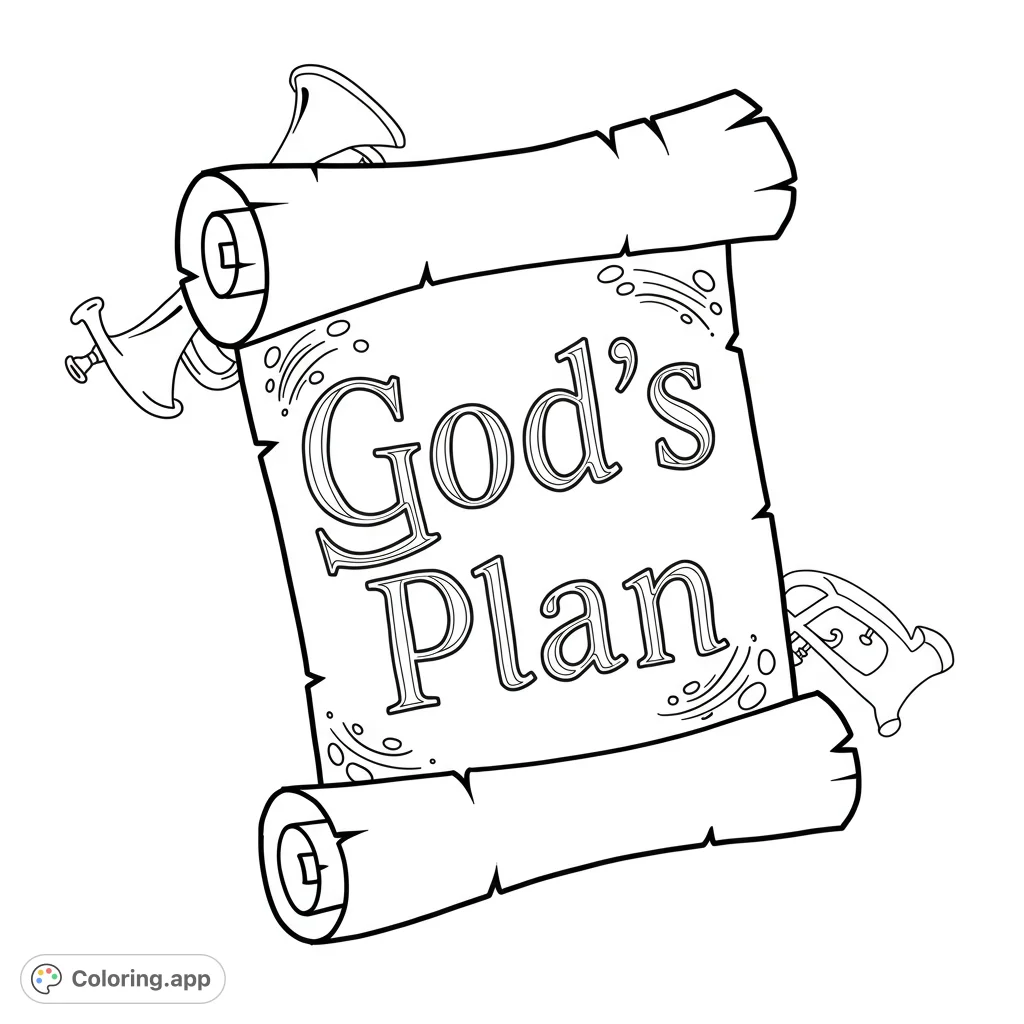 A detailed ancient scroll with rolled ends and jagged edges, flanked by two heraldic trumpets. Perfect for a spiritual theme coloring page.