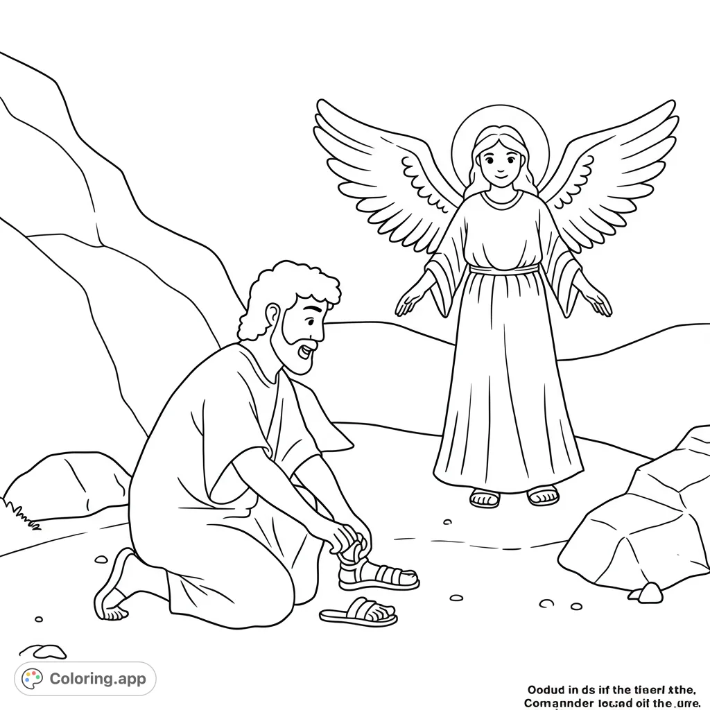 Preschool coloring page of Joshua removing sandals before the Angel of the Lord. Simple line art with open areas for easy coloring.