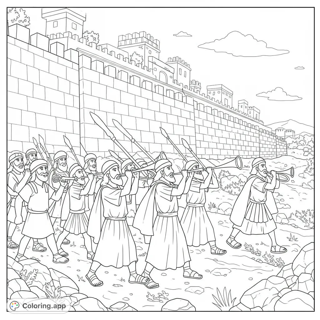 Illustrative line drawing of Joshua and the Israelites marching around Jericho. Detailed, clean lines with open spaces for coloring.