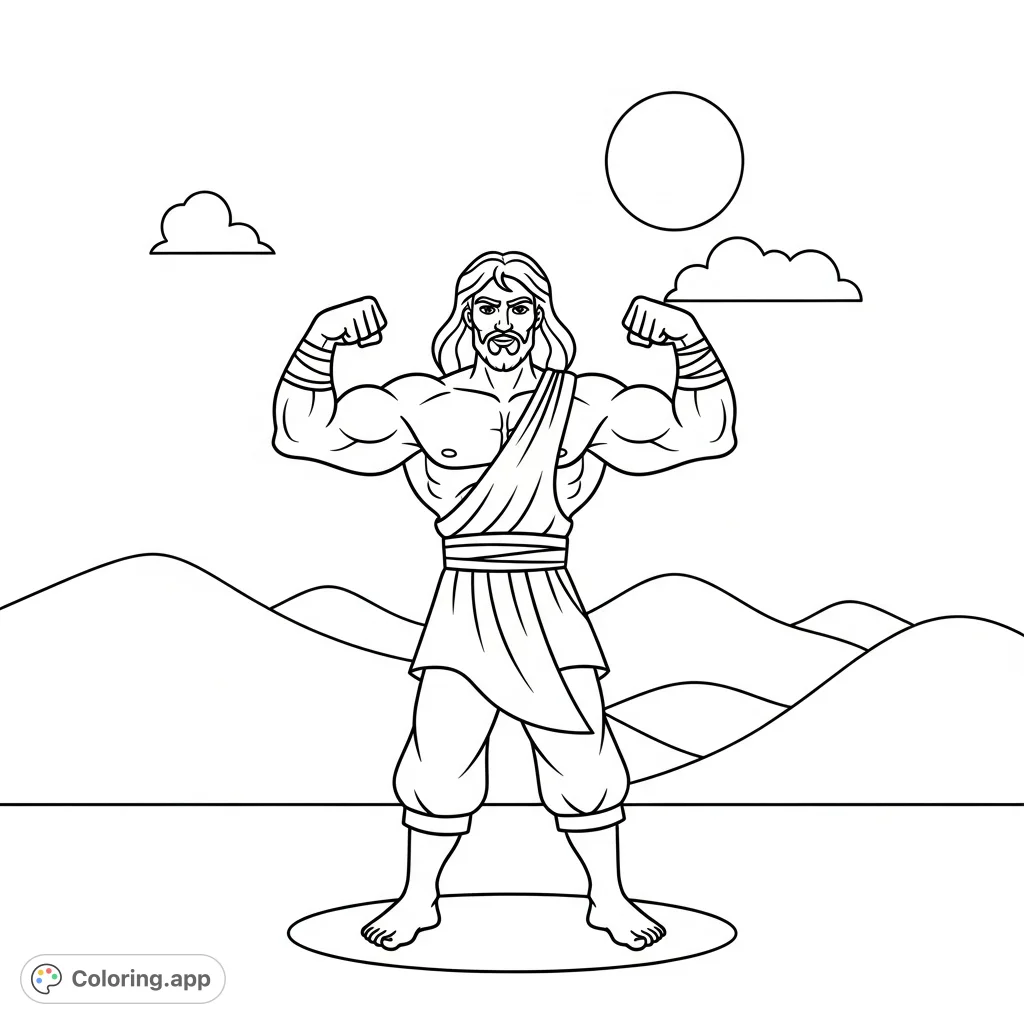 A simple, cartoony Samson flexing his powerful arms, showcasing his legendary strength. Perfect for young children learning Bible stories.