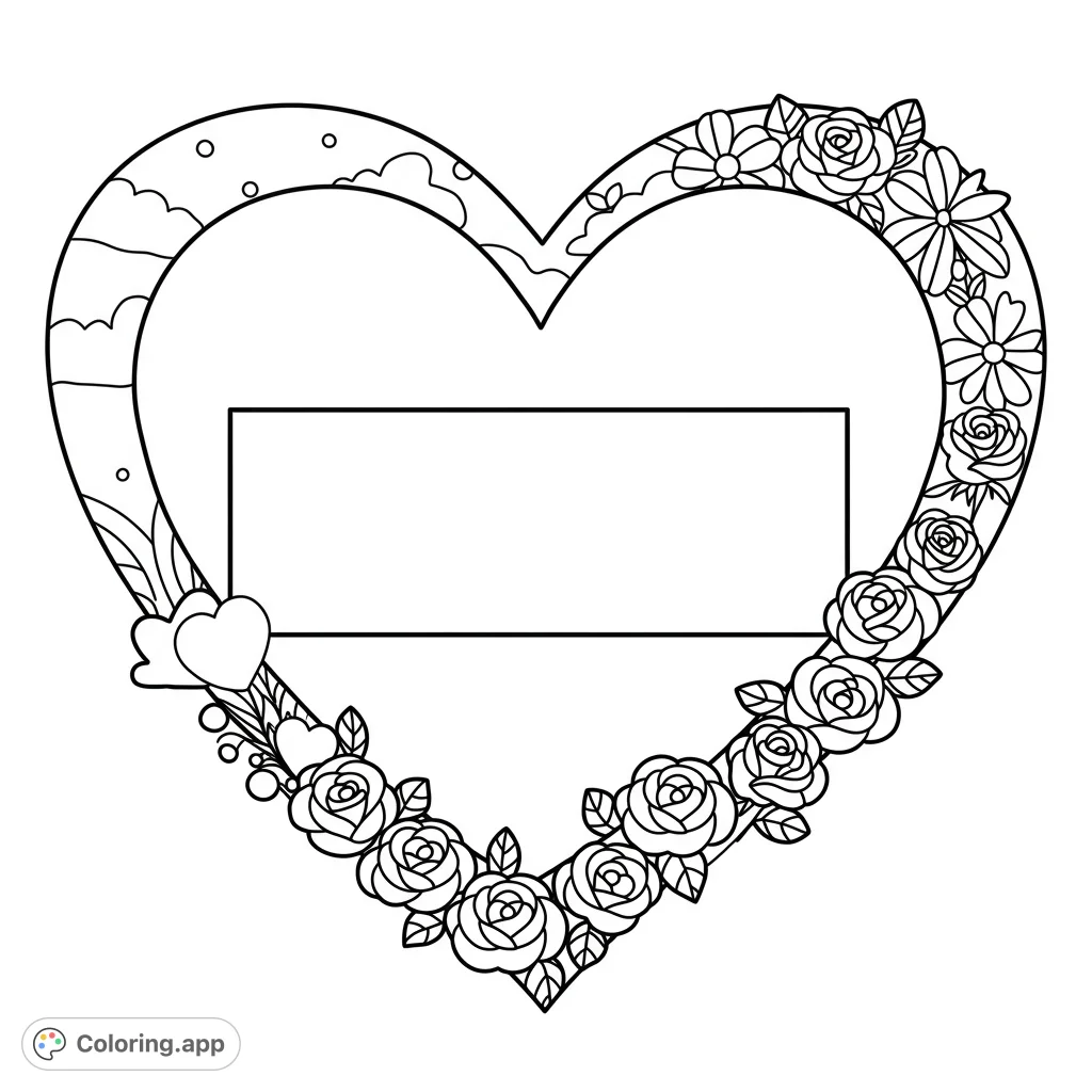 A charming heart coloring page with a dedicated space for names, perfect for young artists to personalize and express affection.