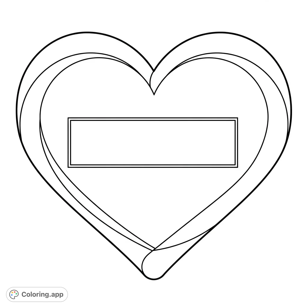 A simple, bold outline of a heart shape, perfect for coloring. Features a clear rectangular box in the center for writing a name or message.