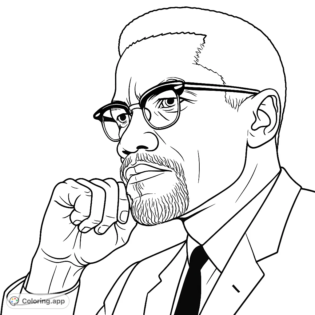 Detailed portrait of Malcolm X with glasses and suit. A great coloring activity for history buffs and those interested in civil rights.