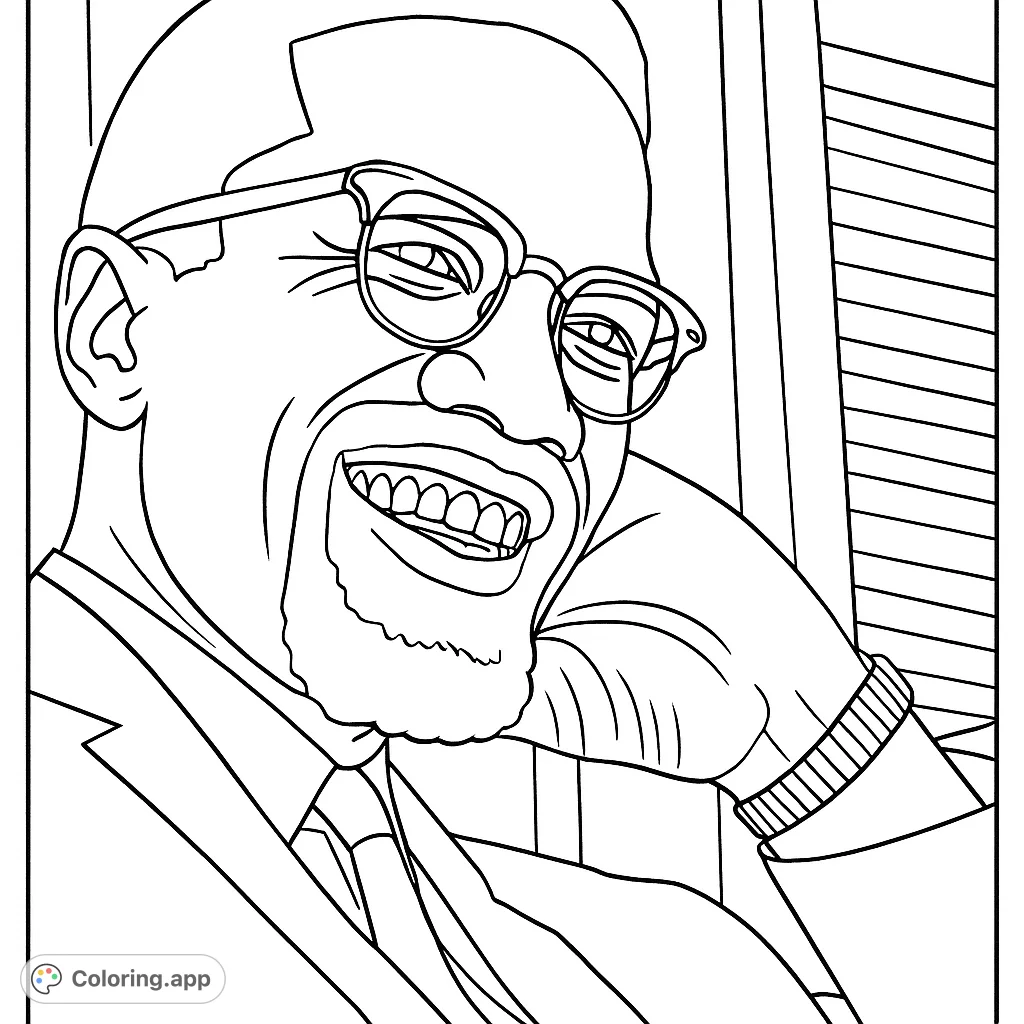 A powerful Malcolm X coloring page, featuring a smiling portrait of the iconic civil rights leader. Free printable for all ages.