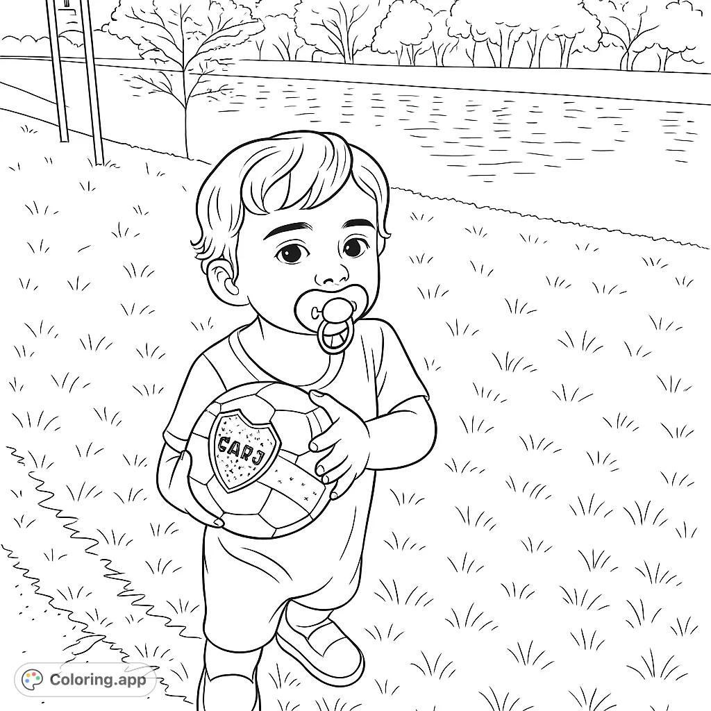 Adorable baby with a soccer ball in a park setting, perfect for young colorists. A free printable baby soccer player coloring page for kids.