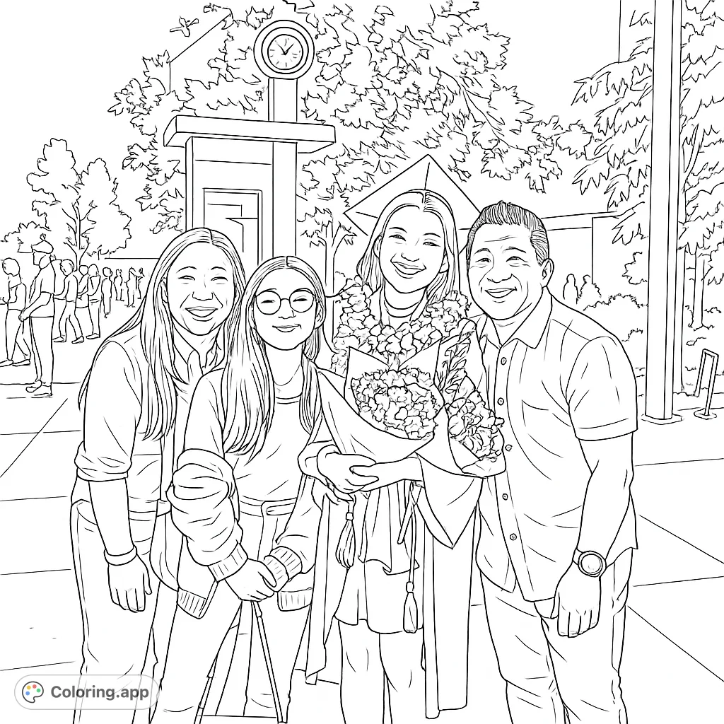 Celebrate a special graduation day with this heartwarming family portrait. A graduate in cap and gown smiles with loved ones, ready for color!