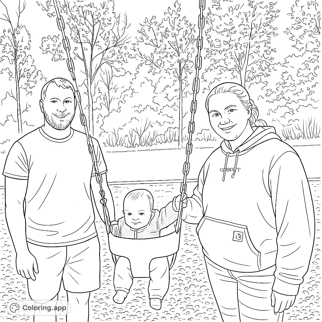 A heartwarming family playground coloring page featuring a happy couple with their baby on a swing, surrounded by detailed park foliage. Free printable fun!