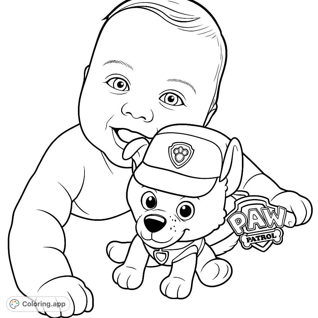 A joyful baby with a cute cartoon puppy, perfect for a delightful coloring experience. Free printable baby coloring page for kids.