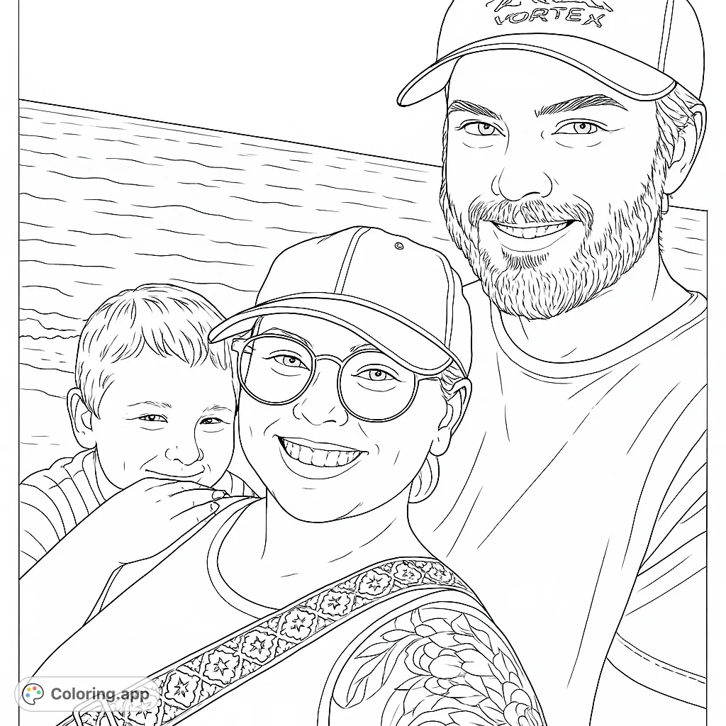 A heartwarming family portrait featuring a man, woman, and child smiling outdoors, perfect for a free printable family coloring page.
