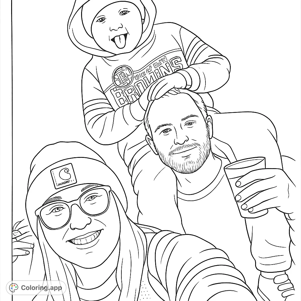 A heartwarming family selfie featuring a smiling couple and their playful baby on shoulders. A free printable family coloring page for all ages.