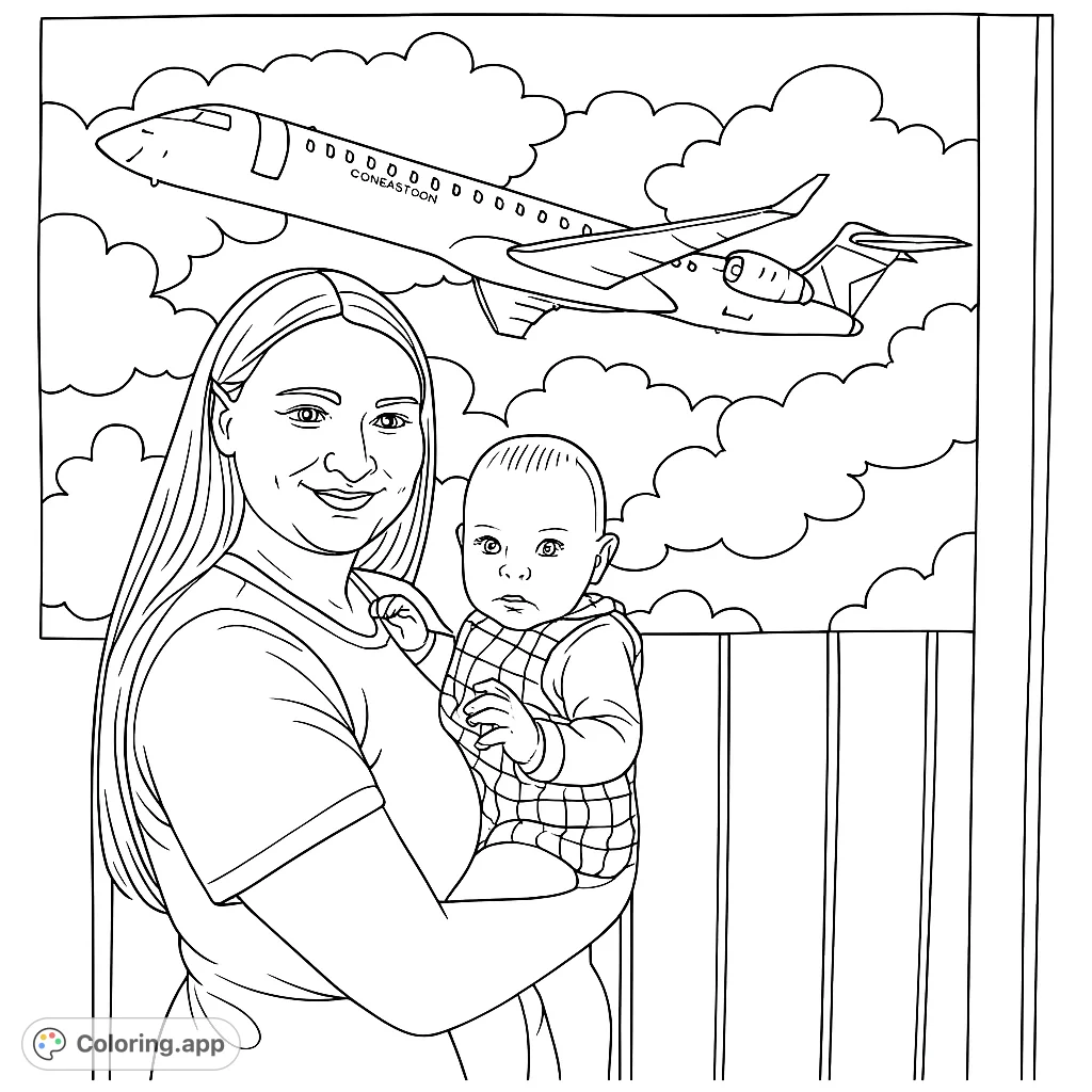 A heartwarming family coloring page featuring a mother holding her baby, with an airplane soaring through clouds in the background. Perfect for all ages.