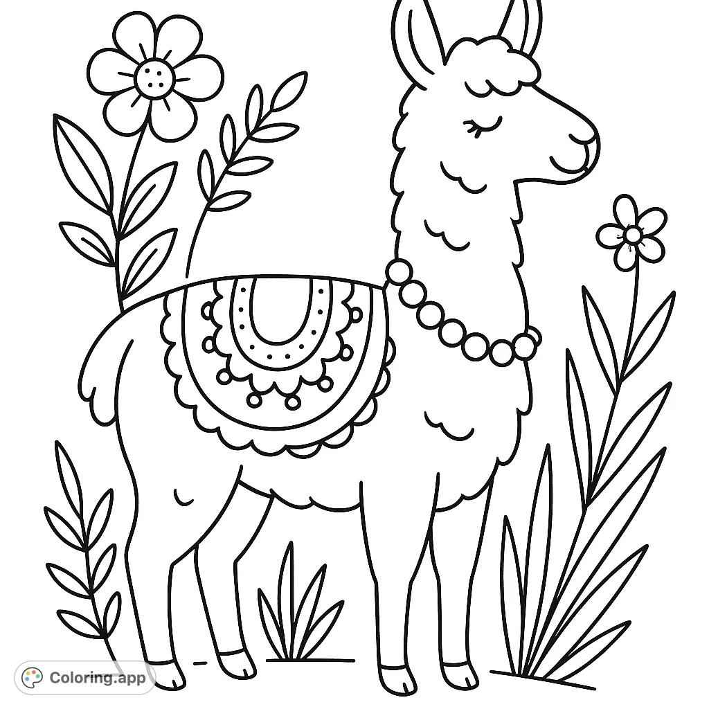 A delightful llama coloring page featuring a charming llama with a decorative blanket and necklace, surrounded by whimsical flowers and plants, perfect for all ages.