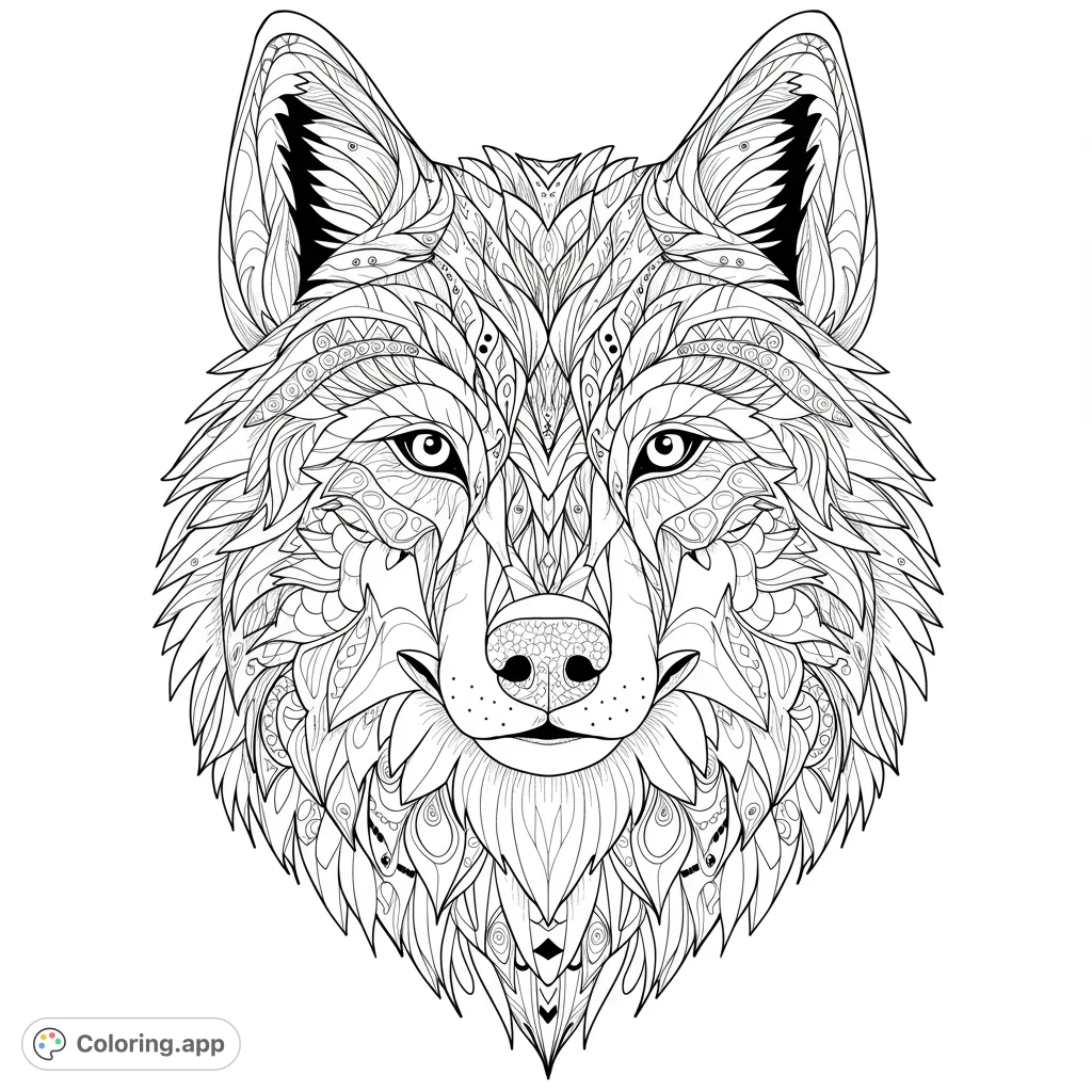 Detailed wolf head with intricate zentangle patterns, perfect for mindful coloring. A free printable wolf coloring page for adults and teens.