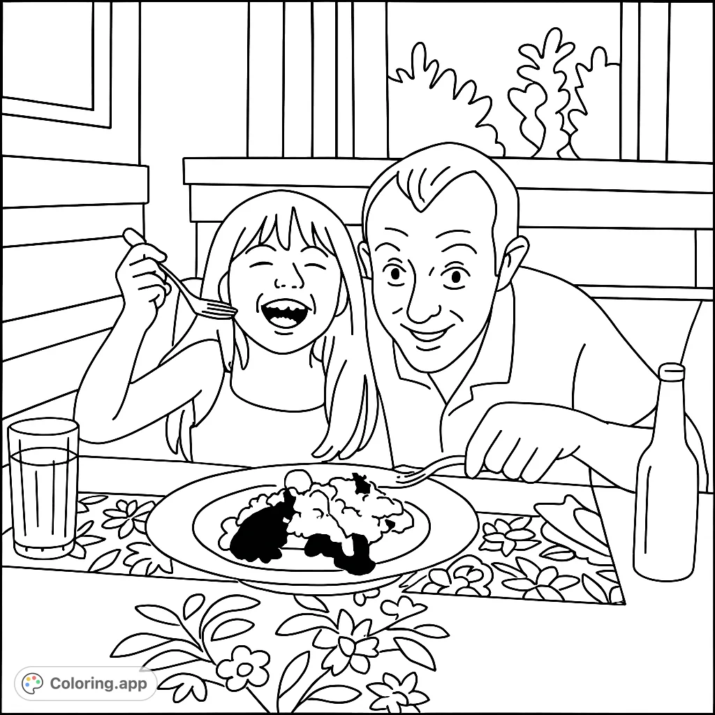 A heartwarming family mealtime coloring page featuring a laughing girl and smiling man enjoying dessert. Perfect for a free printable family coloring page.